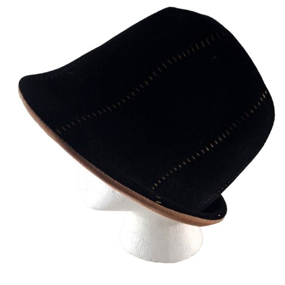 Women's Vintage Bucket Hat Black Brown Stitching Union Made Mid Century 22" - Picture 1 of 9